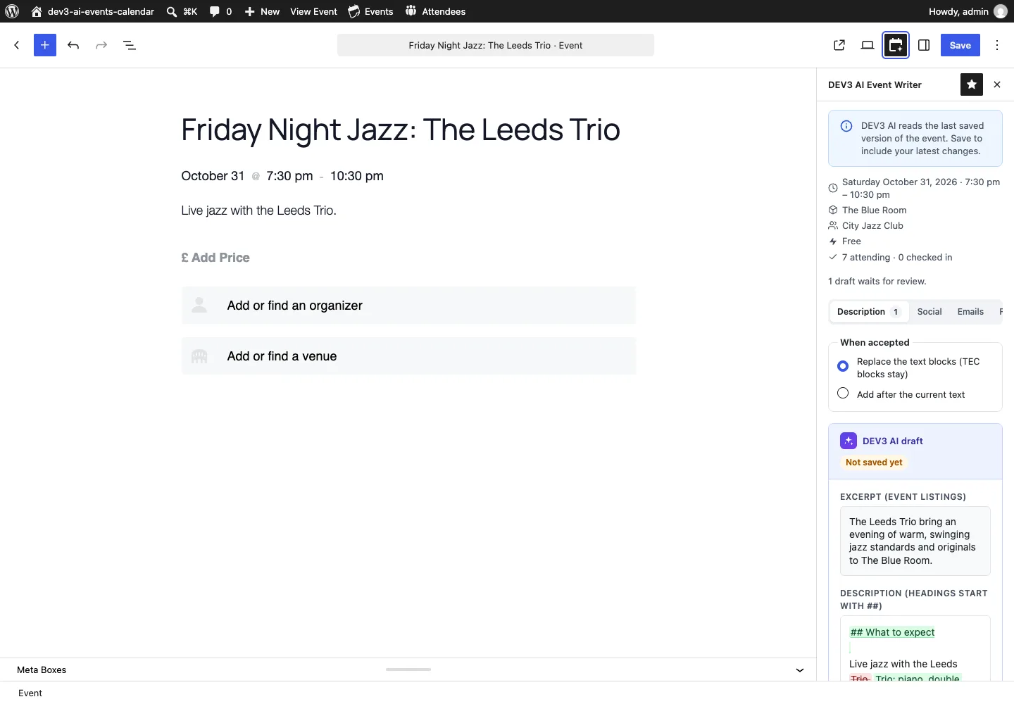 The writer sidebar in the block editor with event facts and a description draft