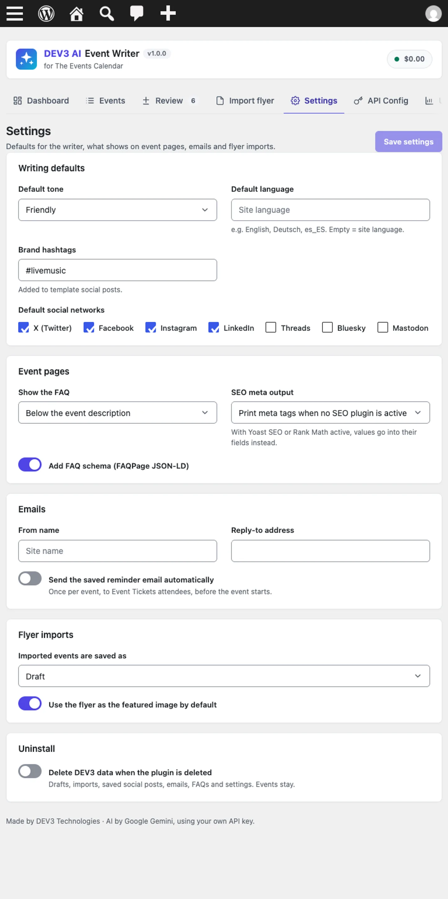 Settings for writing defaults, event pages, emails and flyer imports