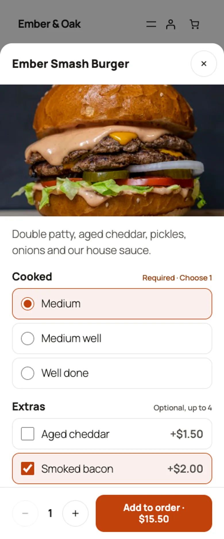 Choosing a required cooking option and optional extras on a phone