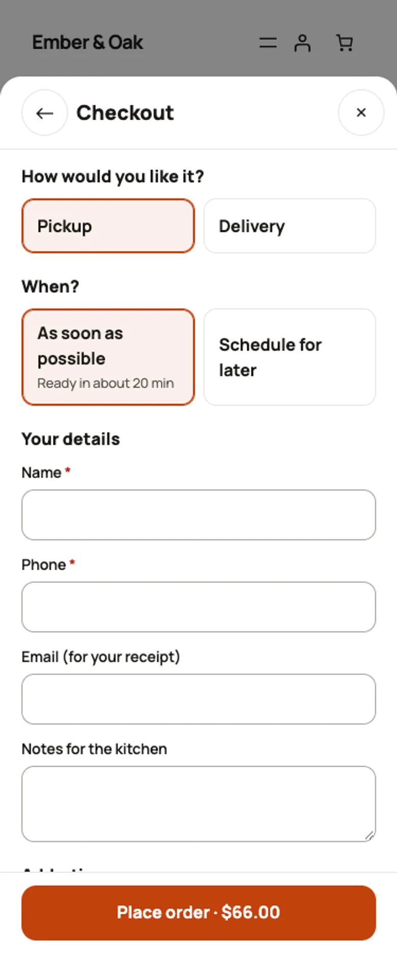 Checkout on a phone with pickup or delivery, ASAP or later, and contact details