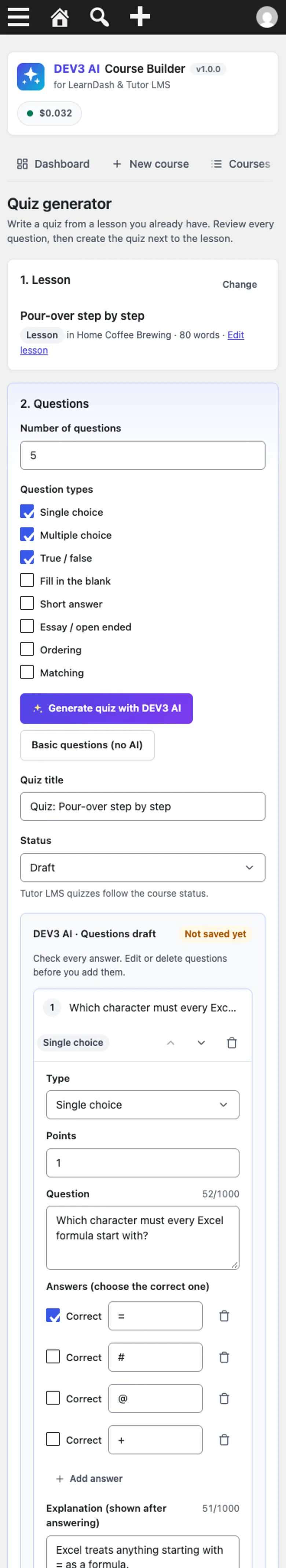 The quiz generator on a phone